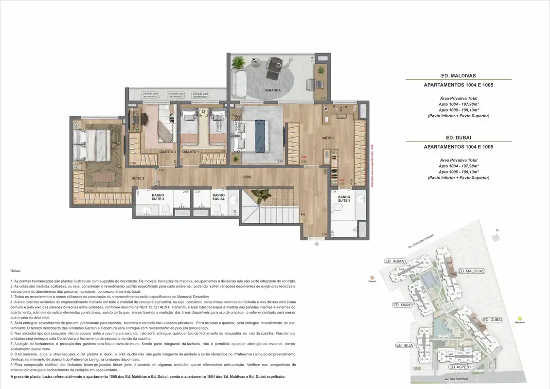 Planta ilustrativa · Cobertura duplex com piscina (pavimento superior) · 197,98 a 199,13 m² · Ed. Maldivas e Ed. Dubai