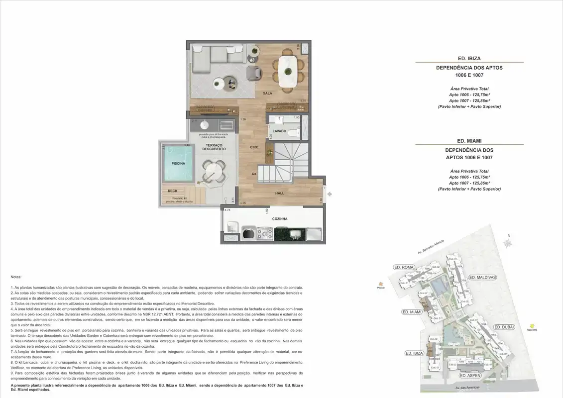 Planta ilustrativa · Cobertura duplex (pavimento inferior) · 125,75 a 125,86 m² · Ed. Ibiza e Ed. Miami