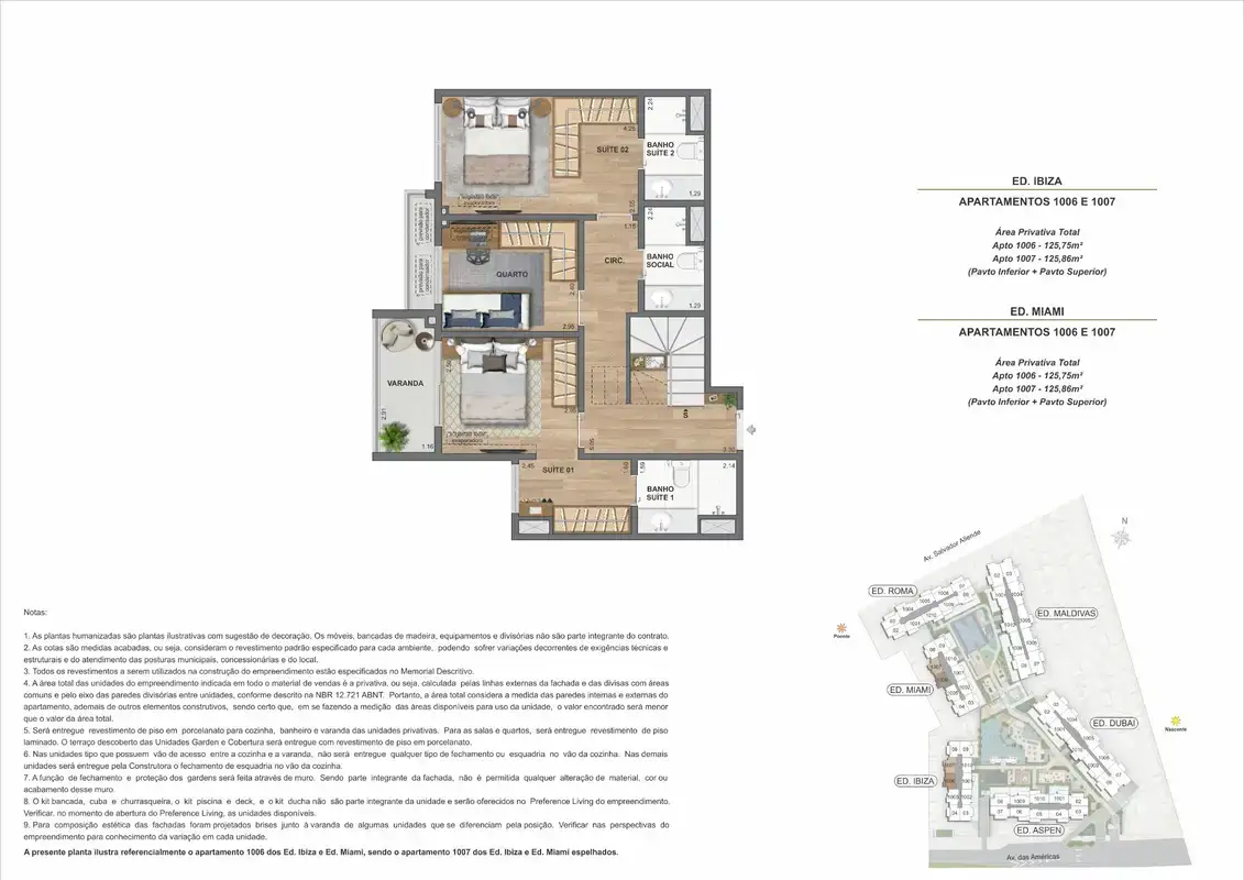 Planta ilustrativa · Cobertura duplex (pavimento superior) · 125,75 a 125,86 m² · Ed. Ibiza e Ed. Miami