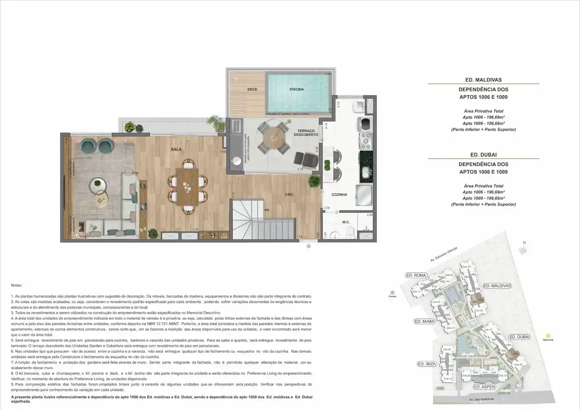 Planta ilustrativa · Cobertura duplex com piscina (pavimento inferior) · 196,65 a 196,66 m² · Ed. Maldivas e Ed. Dubai