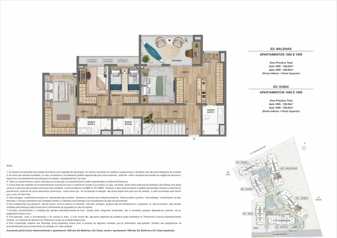 Planta ilustrativa · Cobertura duplex com piscina (pavimento superior) · 196,65 a 196,66 m² · Ed. Maldivas e Ed. Dubai