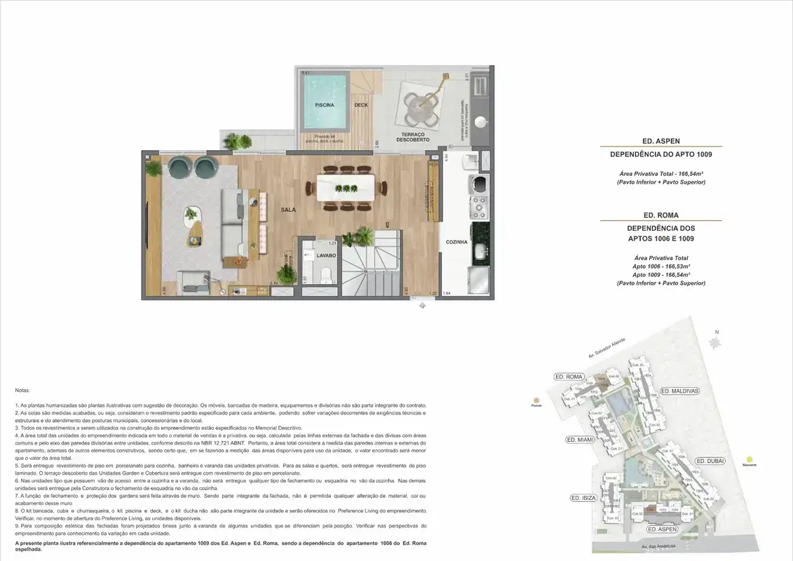 Planta ilustrativa · Cobertura duplex com piscina (pavimento inferior) · 166,53 a 166,54 m² · Ed. Aspen e Ed. Roma