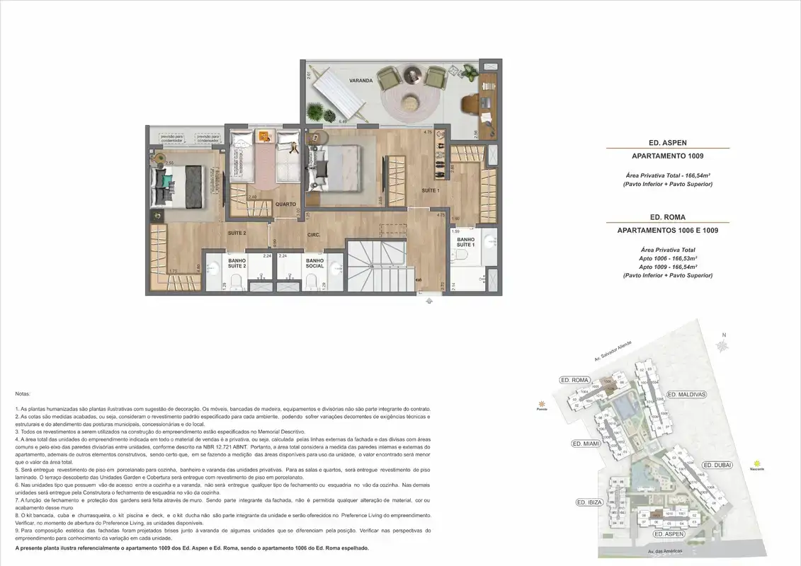 Planta ilustrativa · Cobertura duplex com piscina (pavimento superior) · 166,53 a 166,54 m² · Ed. Aspen e Ed. Roma