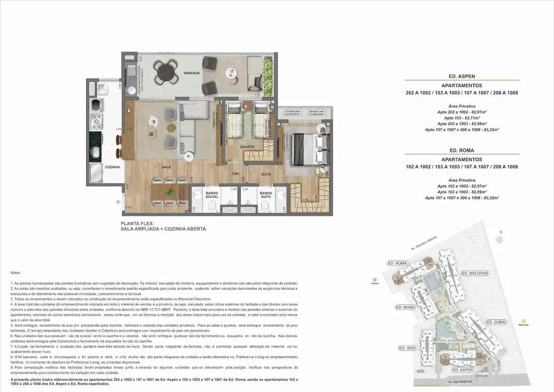 Planta ilustrativa · Flex 2 quartos · 82,97 a 83,71 m² · Ed. Aspen e Ed. Roma