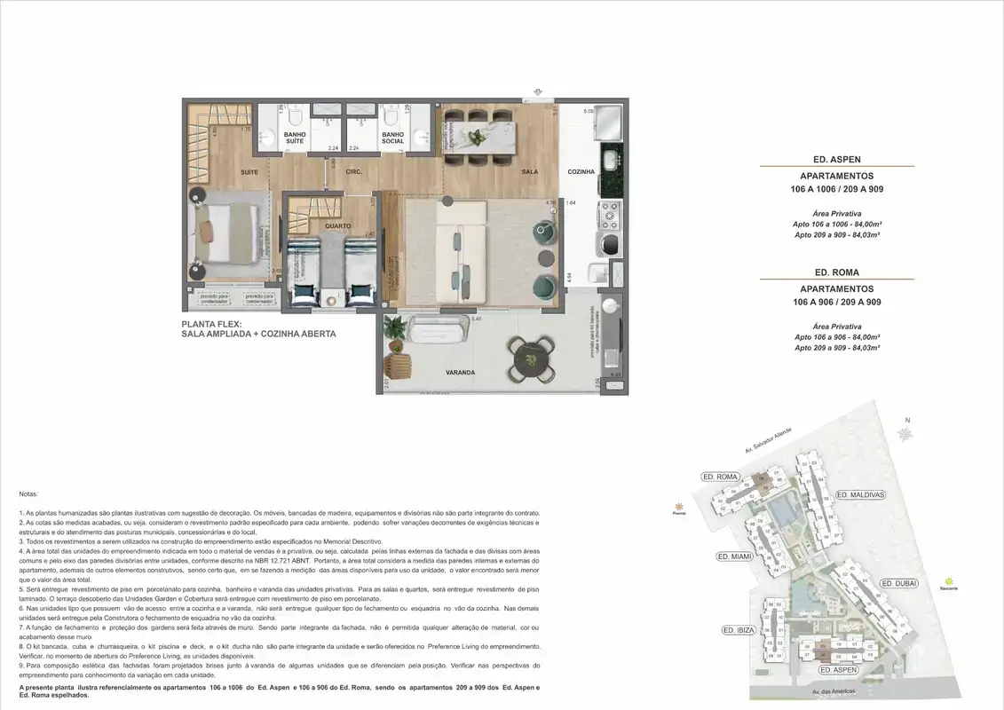 Planta ilustrativa · Flex 2 quartos · 84,00 a 84,03 m² · Ed. Aspen e Ed. Roma