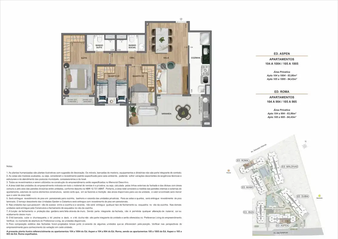 Planta ilustrativa · Flex 2 quartos · 83,86 a 84,43 m² · Ed. Aspen e Ed. Roma