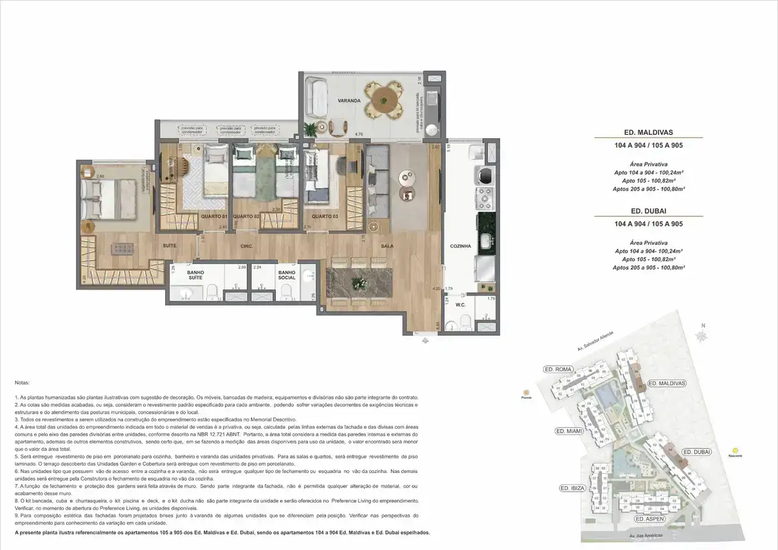 Planta ilustrativa · Flex 3 quartos · 100,24 a 100,82 m² · Ed. Maldivas e Ed. Dubai