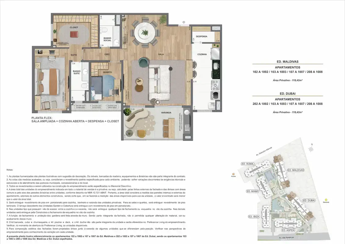 Planta ilustrativa · Flex 3 quartos com closet · 118,42 m² · Ed. Maldivas e Ed. Dubai