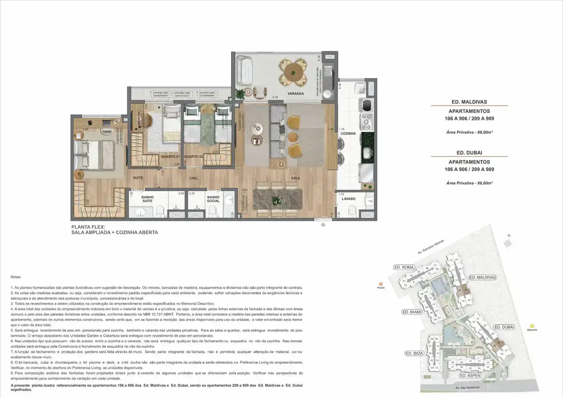 Planta ilustrativa · Flex 3 quartos · 99,60 m² · Ed. Maldivas e Ed. Dubai