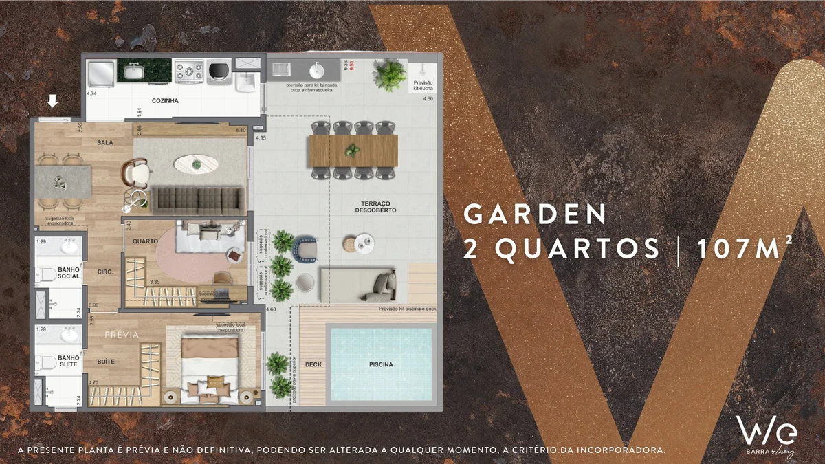 Planta ilustrativa · Garden 2 quartos 107m²