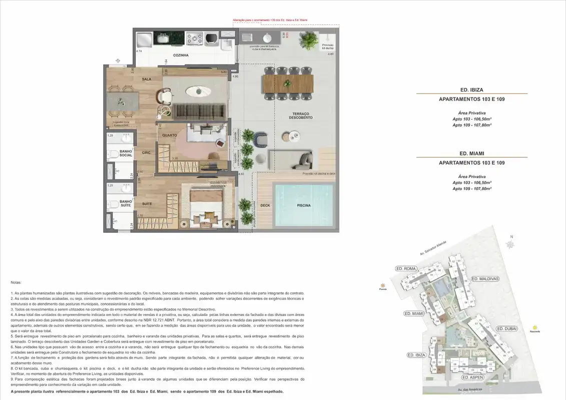 Planta ilustrativa · Garden 3 quartos com piscina privativa · 106,50 a 107,85 m² · Ed. Ibiza e Ed. Miami