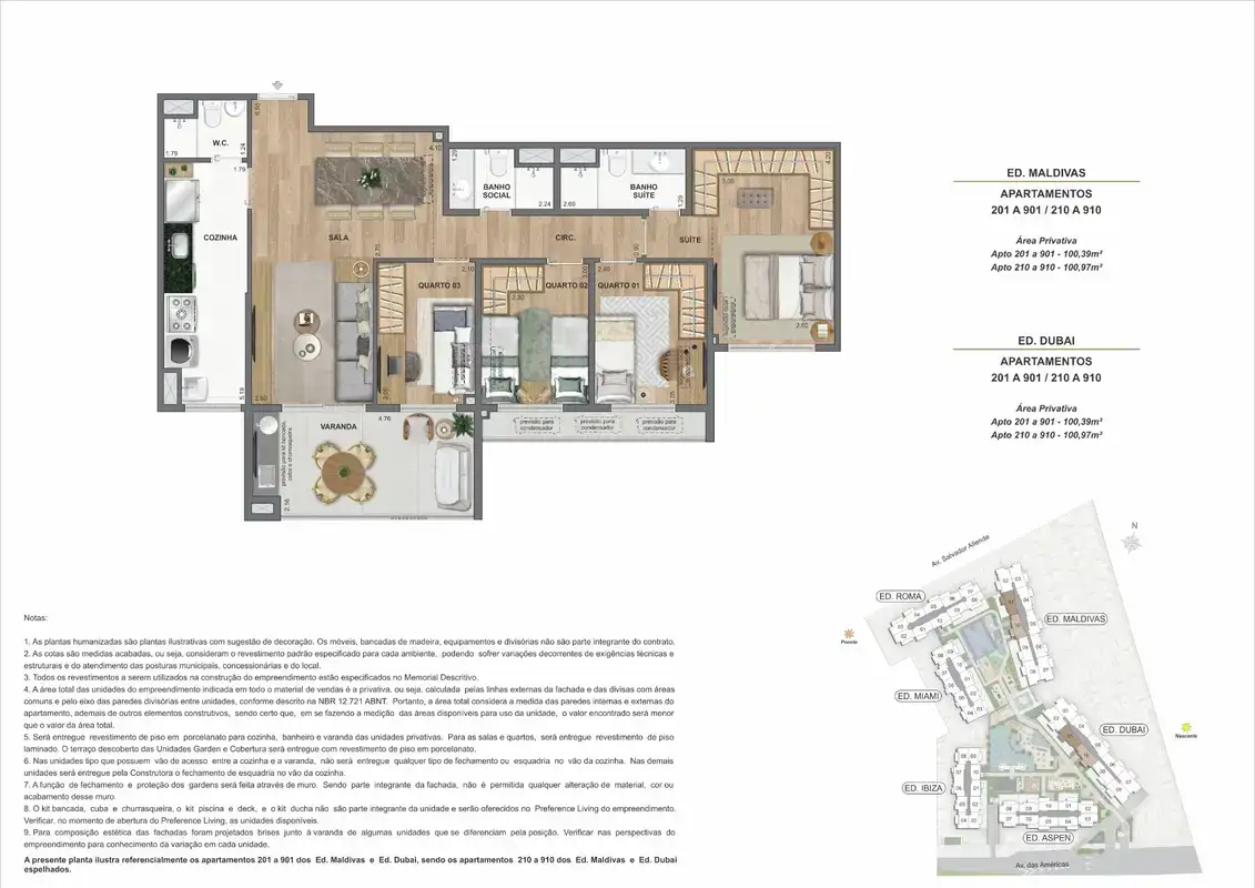 Planta ilustrativa · Garden 3 quartos com piscina privativa · 106,97 a 108,39 m² · Ed. Maldivas e Ed. Dubai
