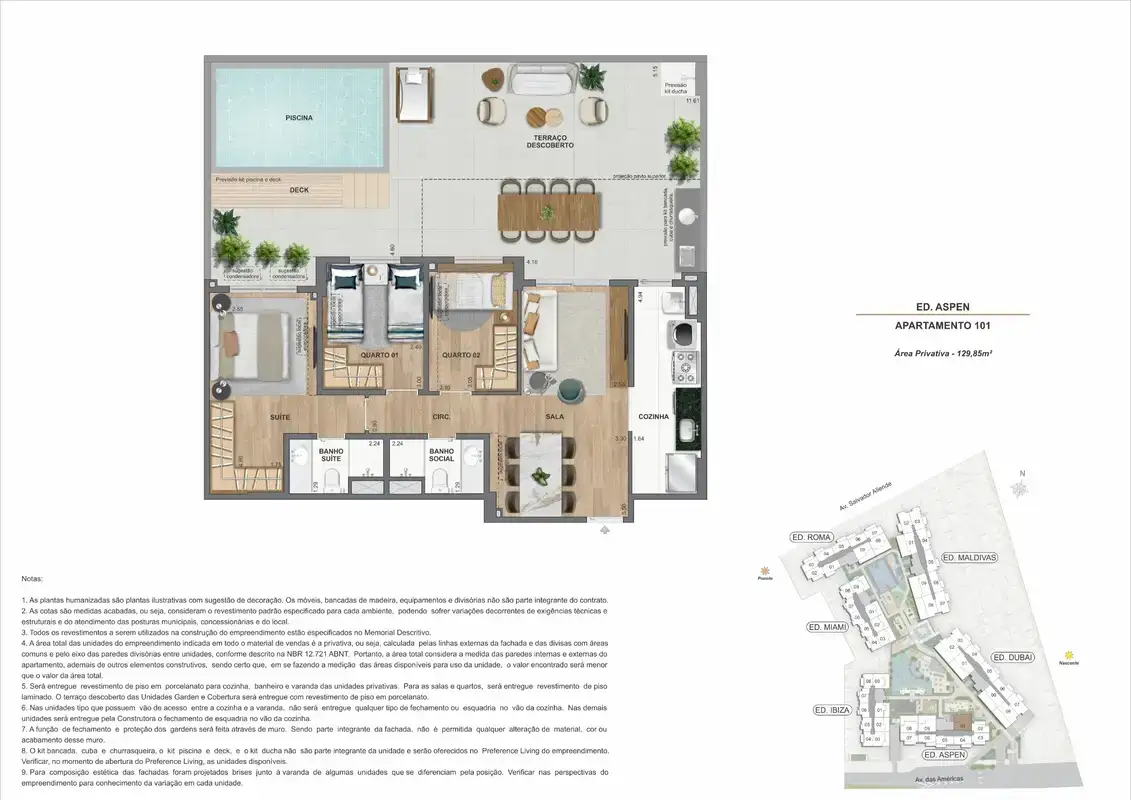 Planta ilustrativa · Garden 3 quartos com piscina privativa · 129,85 m² · Ed. Aspen