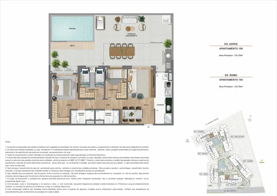 Planta ilustrativa · Garden 3 quartos com piscina privativa · 131,70 m² · Ed. Aspen e Ed. Roma