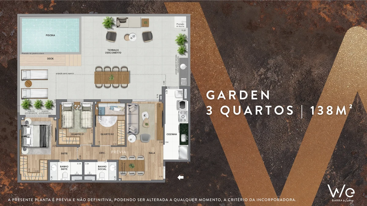 Planta ilustrativa · Garden 3 quartos 138m²