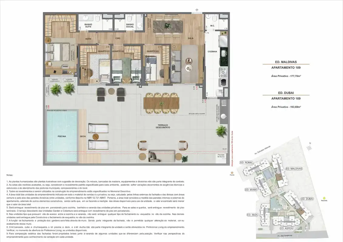 Planta ilustrativa · Garden 3 quartos com piscina privativa · 163,69 a 177,70 m² · Ed. Maldivas e Ed. Dubai