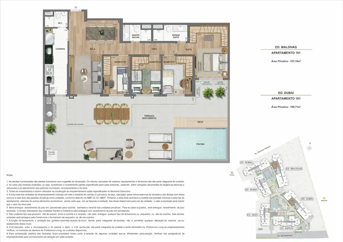 Planta ilustrativa · Garden 3 quartos com piscina privativa · 167,19 a 168,71 m² · Ed. Maldivas e Ed. Dubai