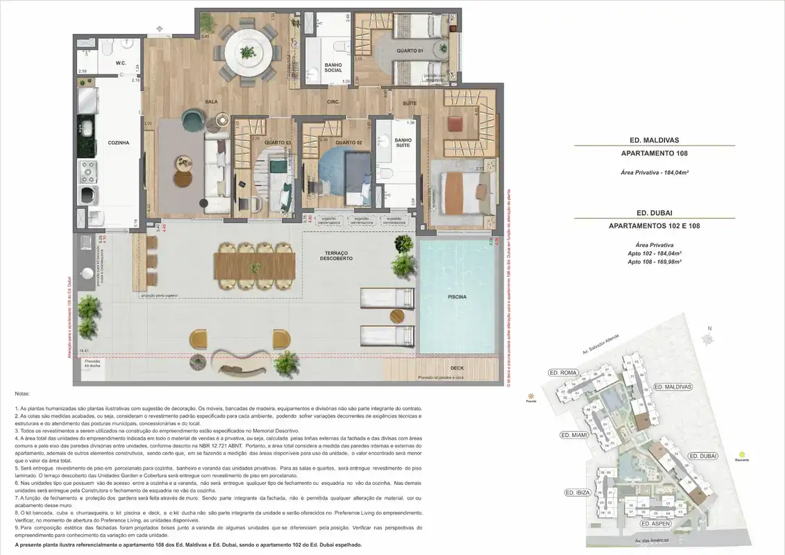 Planta ilustrativa · Garden 3 quartos com piscina privativa · 169,98 a 184,04 m² · Ed. Maldivas e Ed. Dubai