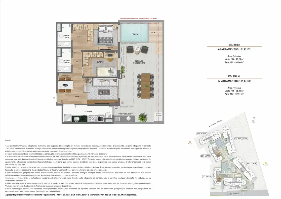 Planta ilustrativa · Garden 3 quartos com piscina privativa · 95,29 a 100,44 m² · Ed. Ibiza e Ed. Miami