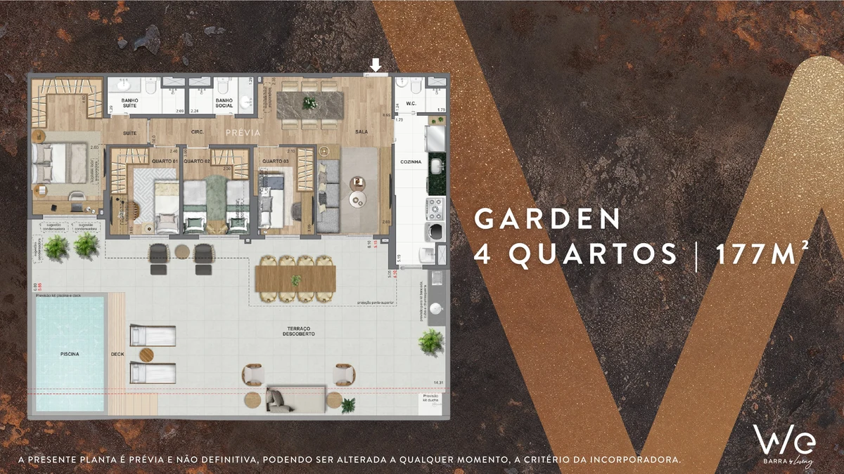 Planta ilustrativa · Garden 4 quartos 177m²