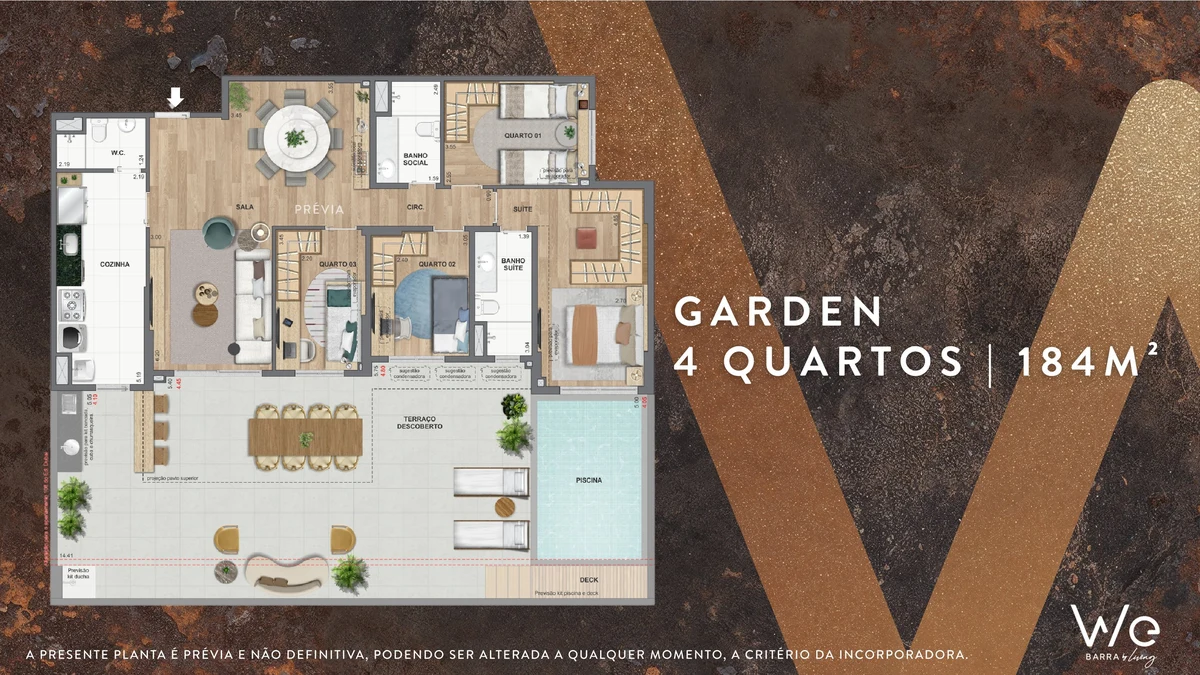 Planta ilustrativa · Garden 4 quartos 184m²